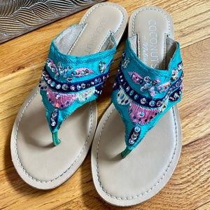 Teal embroidered sandals with sequins